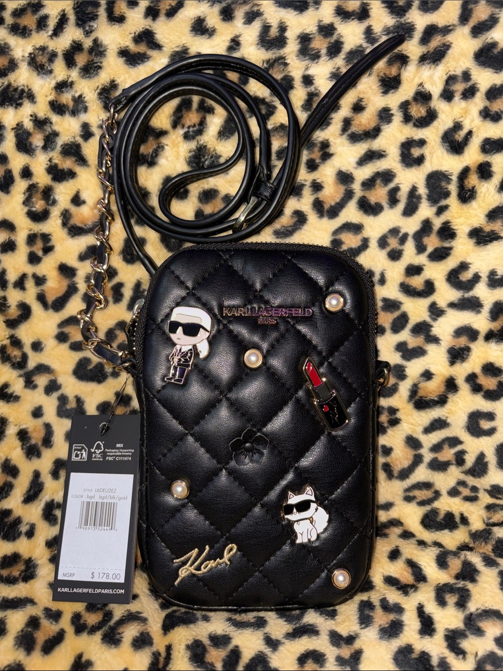 Karl Lagerfeld Black Quilted Crossbody Phone Pouch with Enamel Pins
